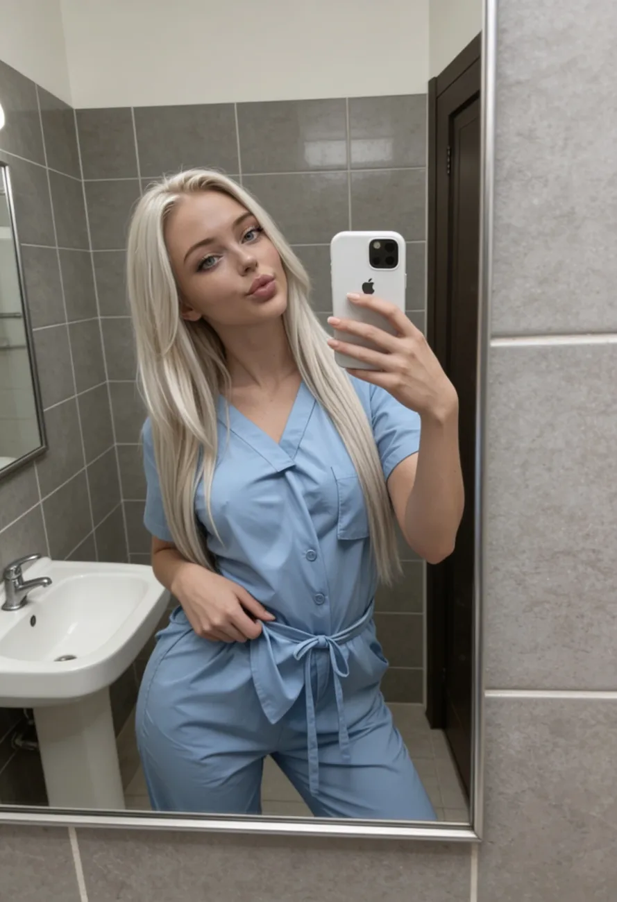 Avery, a Girlfriend Experience character on Xotic AI, taking a mirror selfie in scrubs